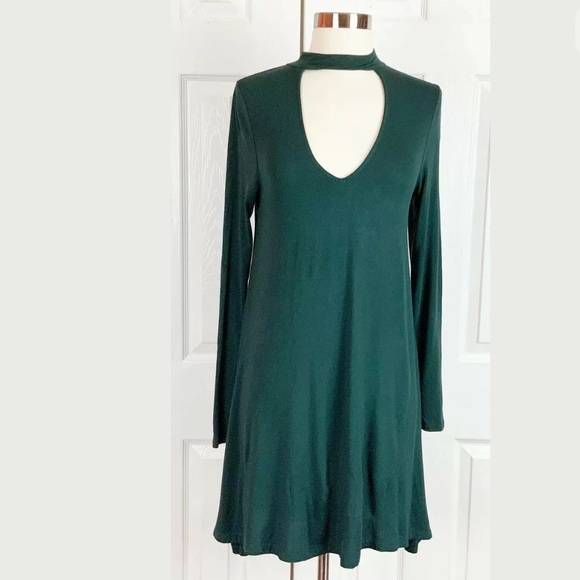 EXPRESS EMERALD GREEN LS TRAPESE CHOKER DRESS - Picture 2 of 8